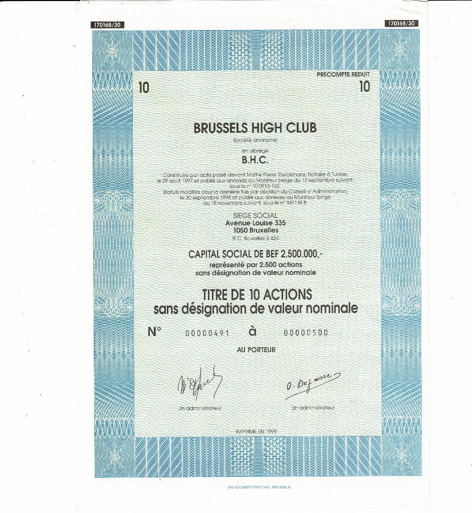 Brussels High Club - 1999 - Titre de 10 Actions, Verzenden, 1970 tot heden, Aandeel