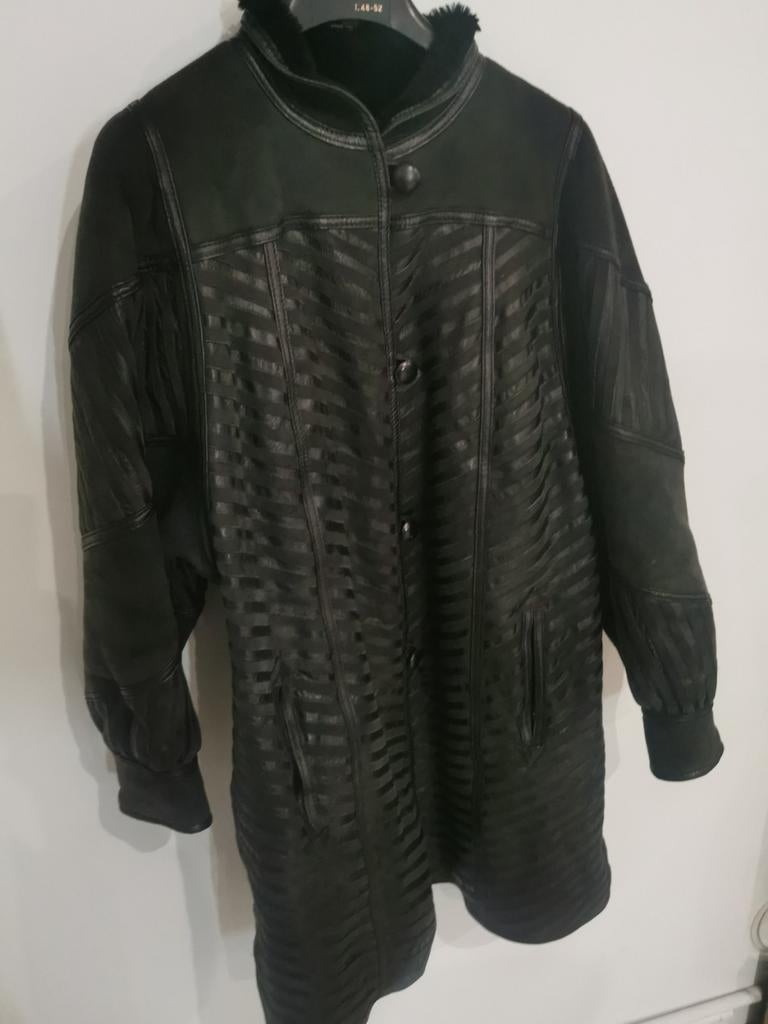 Manteau cuir vintage noir fourré style patchwork taille 50, Enlèvement ou Envoi, Noir