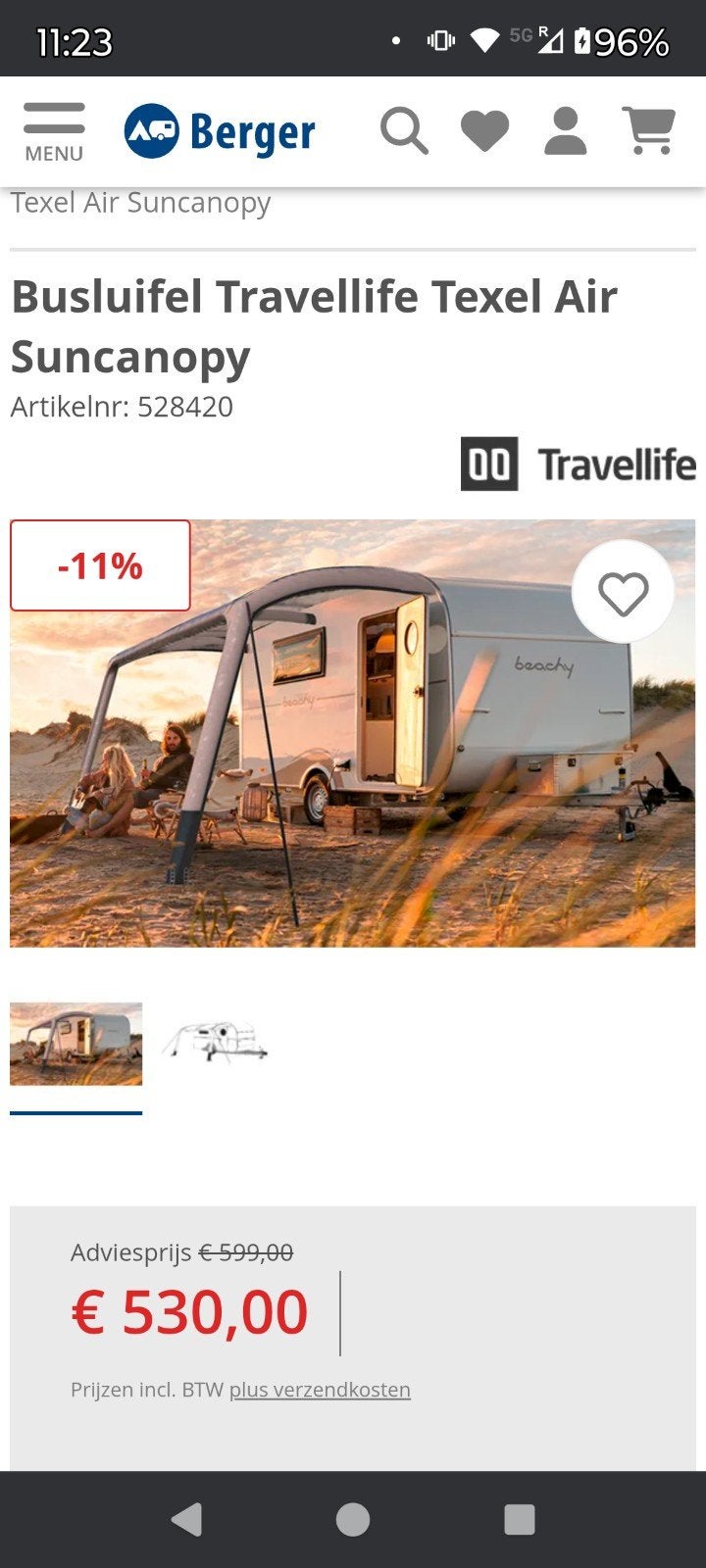 Z.g.a.n luifel Travellife Texel zonneluifel, Caravans en Kamperen, Ophalen