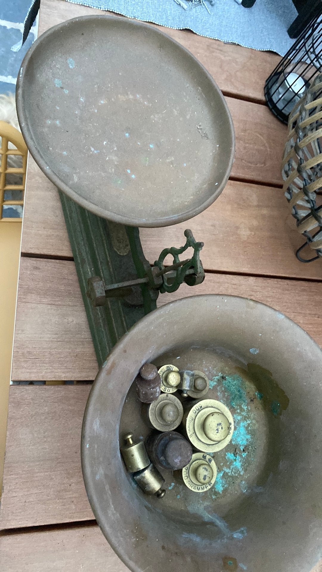 Weegschaal met gewichten vintage retro, Ophalen of Verzenden, Overige typen, Overige materialen, Gebruikt