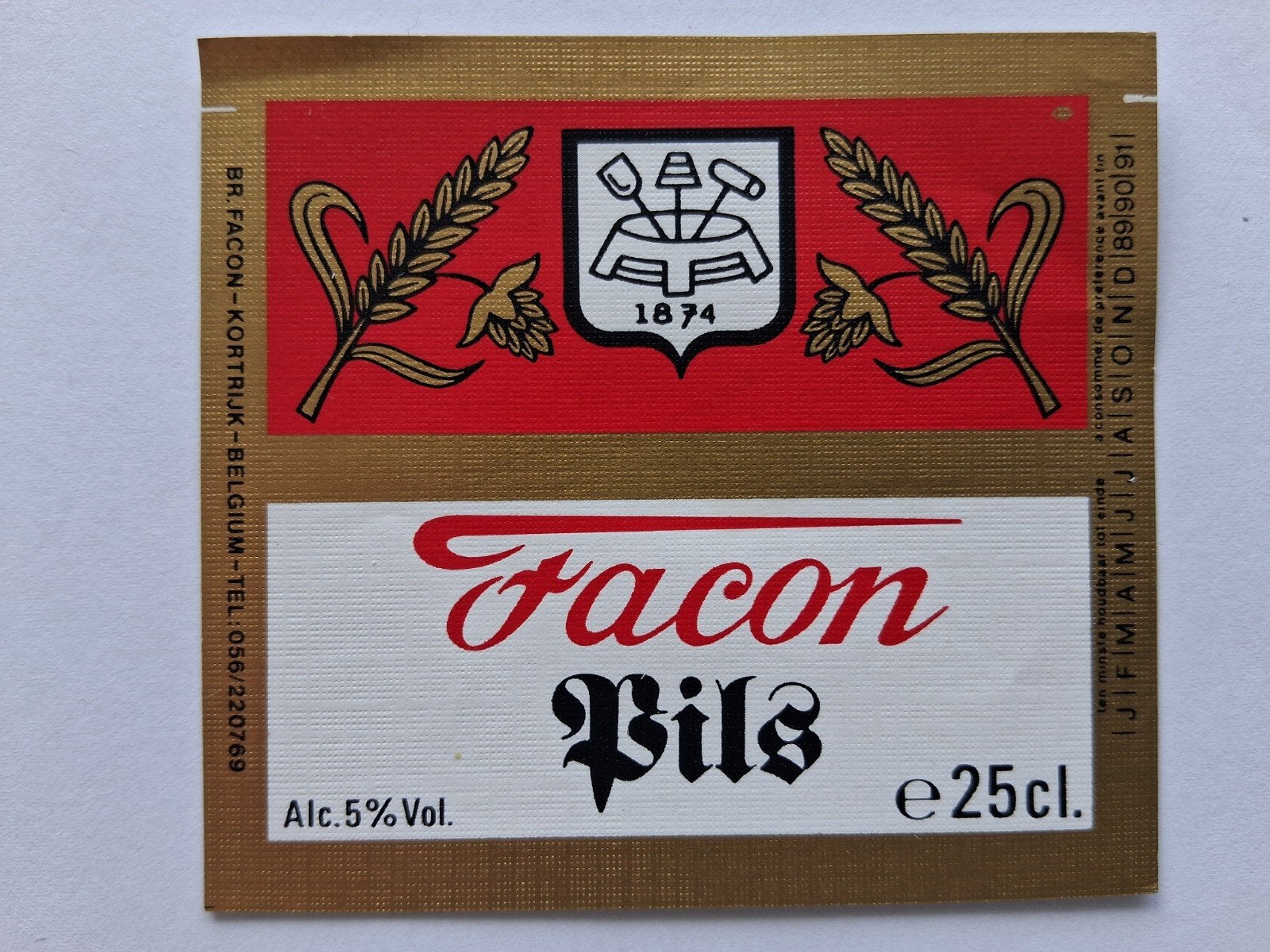 bieretiket Belgie Facon Kortrijk: pils (89-91), Verzamelen, Verzenden, Gebruikt, Overige typen, Overige merken