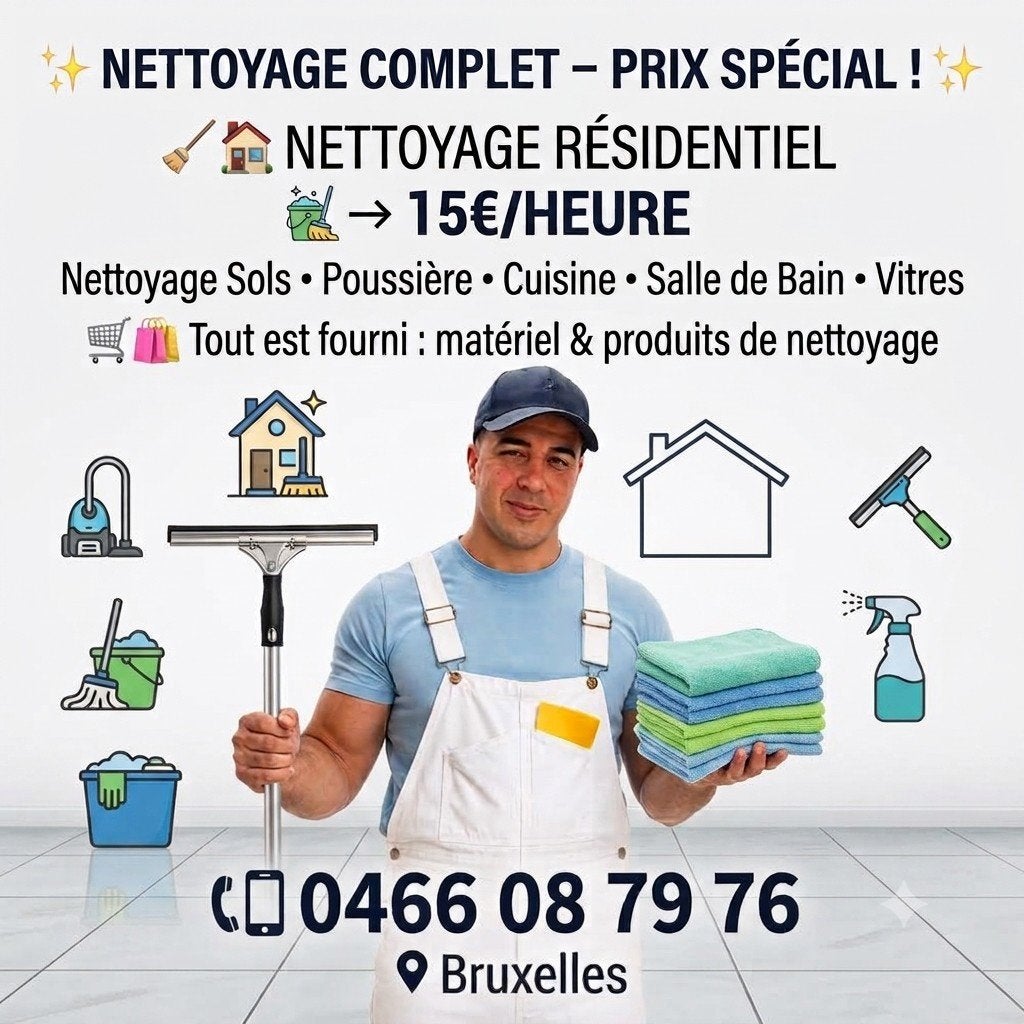 Nettoyage résidentiel – 15€/heure, Offres d'emploi