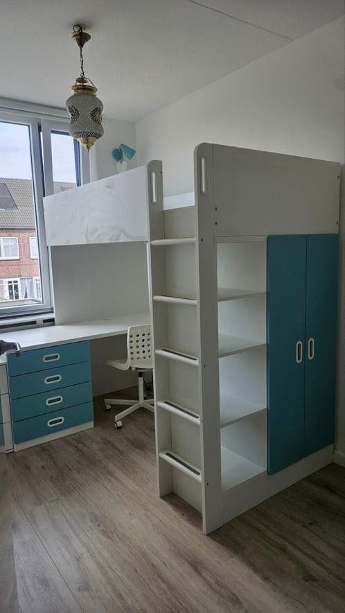 SMÅSTAD Hoogslaper wit blauw bureau -  kleerkast, Ophalen, Hoogslaper