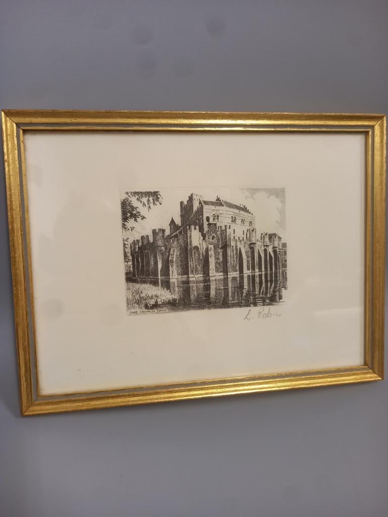 Ets Léopold Robin - Gravensteen Gent - perfecte staat, Enlèvement ou Envoi, Eau-forte, Encadré