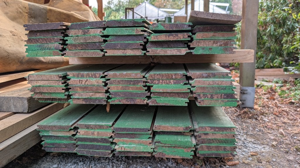Mahonie houten tand en groefplanken, groen gelakt, Doe-het-zelf en Bouw, Hout en Planken, Ophalen, Minder dan 25 mm, Zo goed als nieuw