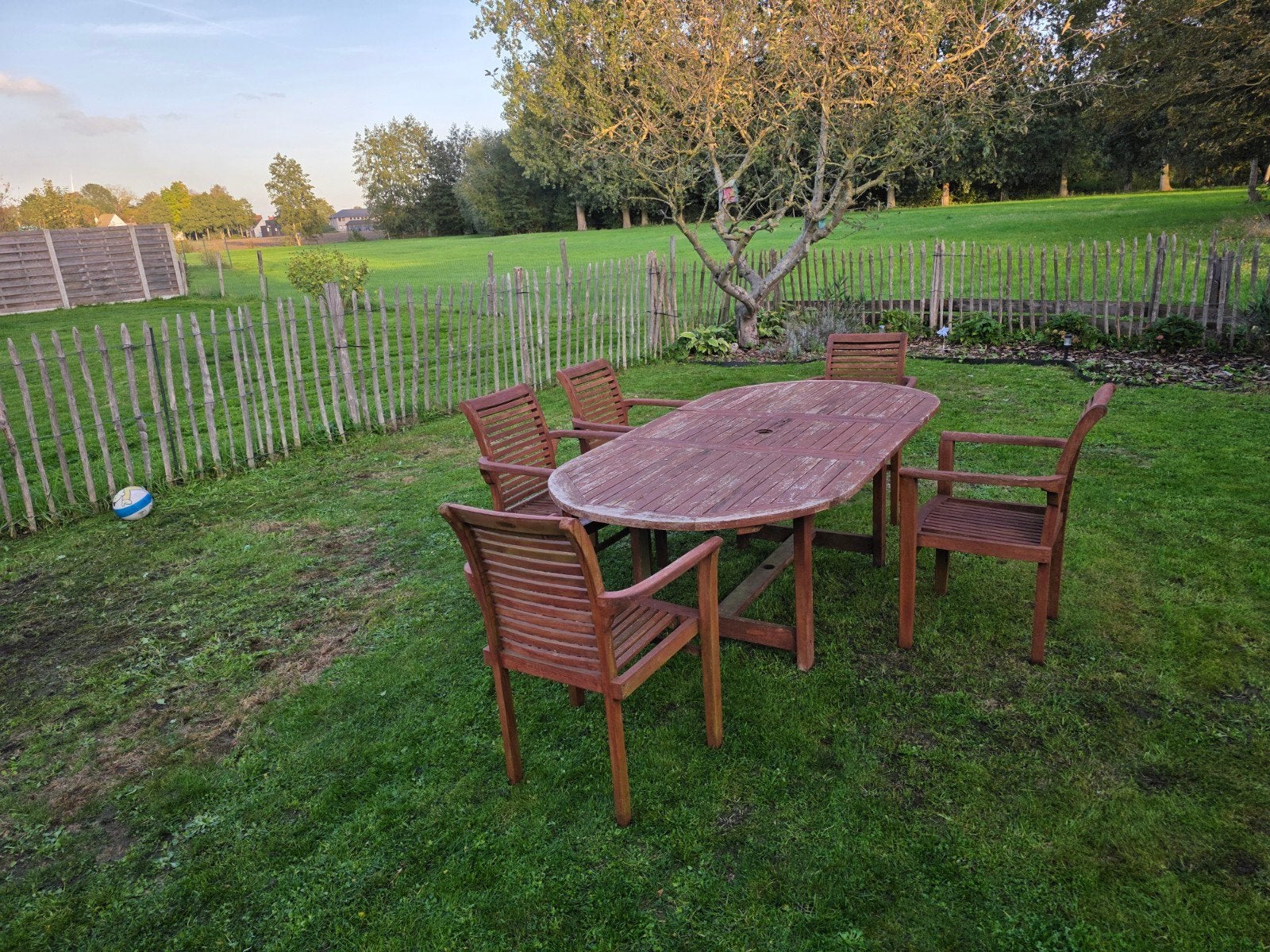 Tuintafel teak met 5 stoelen, Tuin en Terras, Ophalen, 5 zitplaatsen, Gebruikt, Teakhout