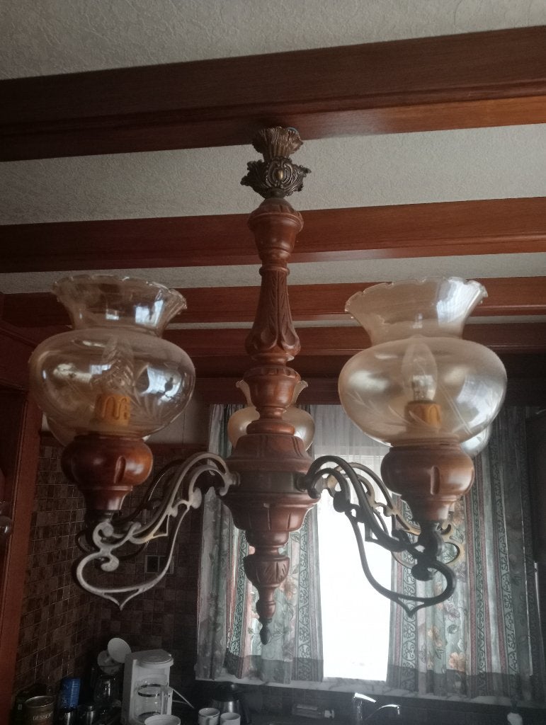 Lustre à 5 bras et appliques vintage des années 70, Enlèvement, Utilisé, Bois, Vlaams