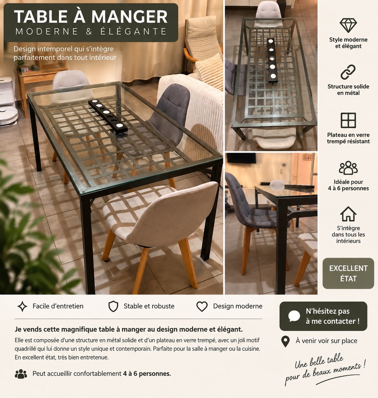 TABLE A MANGER AVEC 3 CHAISES, Enlèvement, Comme neuf, Verre