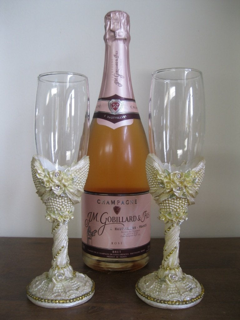2 Gedecoreerde champagneglazen voor bruiloft-jubileum, Ophalen of Verzenden, Zo goed als nieuw