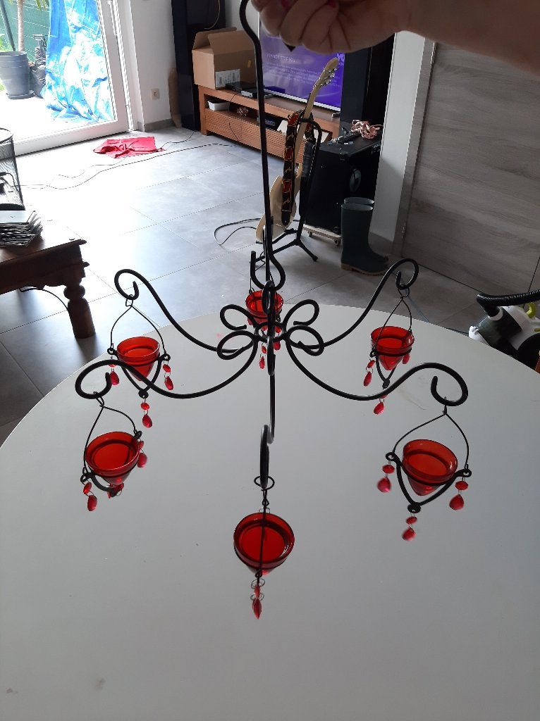 LUSTRE/BOUGIES EN FER FORGER, Enlèvement, Comme neuf, Verre