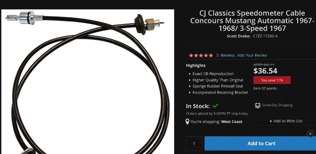 Câble de vitesse/câble speedo Mustang 67-68 C4 automatique, Autos : Pièces & Accessoires, Enlèvement ou Envoi, Neuf, Pièces américaines