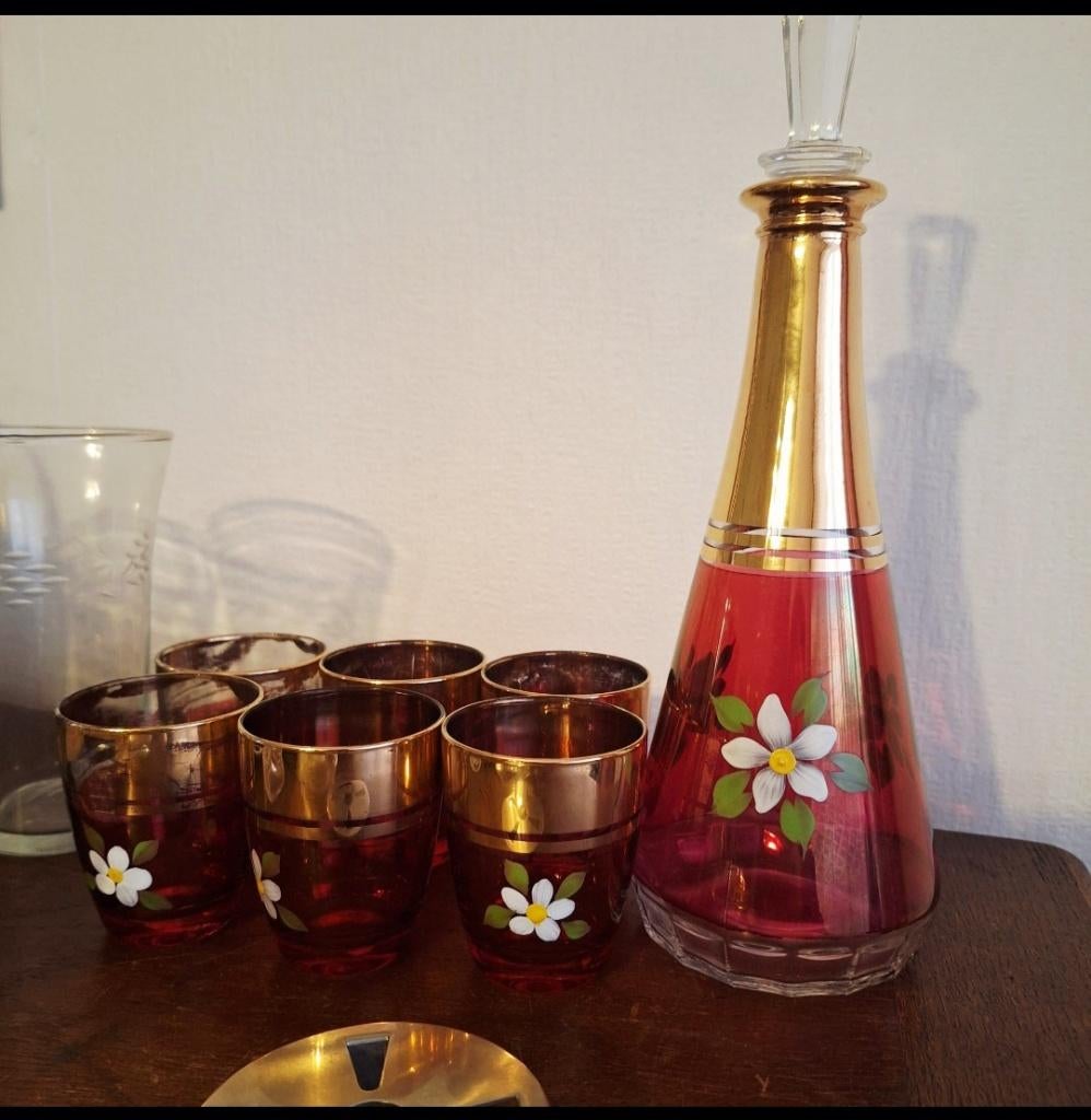 Oude Boheemse handbeschilderde karaf en 6 gllazen, Ophalen of Verzenden