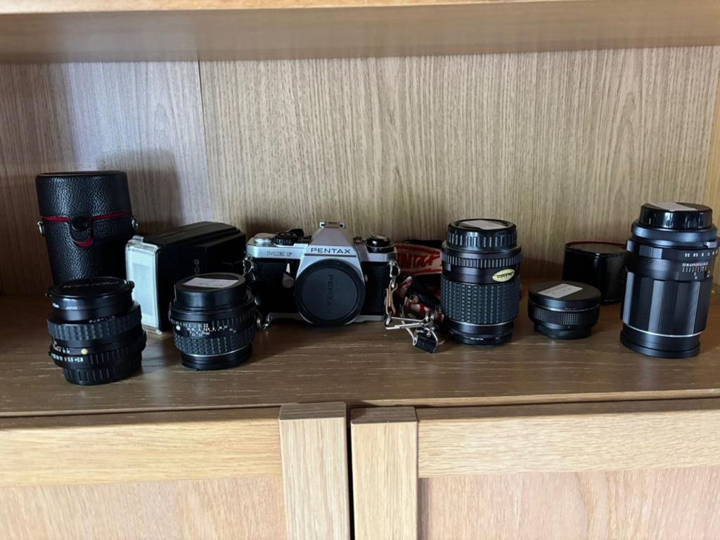 Vintage fototoestel Pentax ME F + lenzen en draagtas, Ophalen