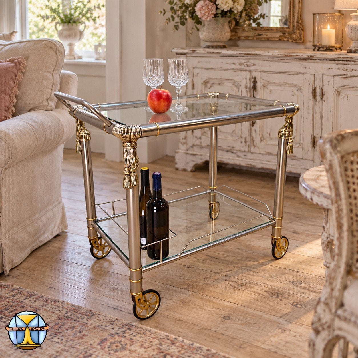 Vintage gouden Hollywood Regency drankwagen / serveerwagen, Ophalen of Verzenden, 75 cm of meer, Vintage  / Hollywood Regency  / shabby chique