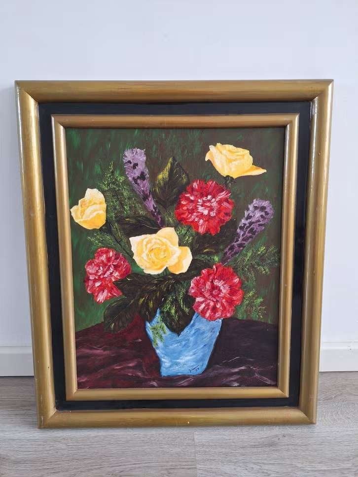 Bloemenstilleven in vaas - Olieverf op doek, Antiquités & Art, Art | Peinture | Classique, Daté, Enlèvement ou Envoi, Peinture à l'huile