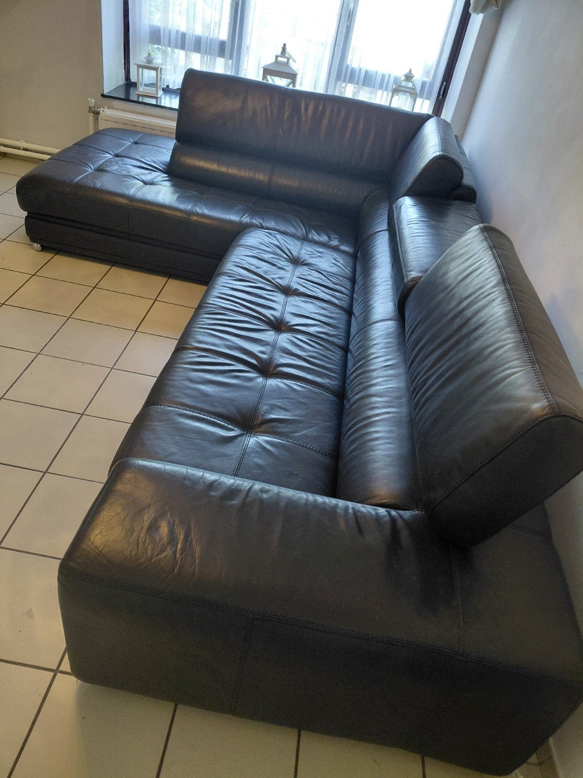 Canapé d'angle cuir véritable noir, Maison & Meubles, Canapés | Coins salons complets, Enlèvement, Utilisé, Cuir