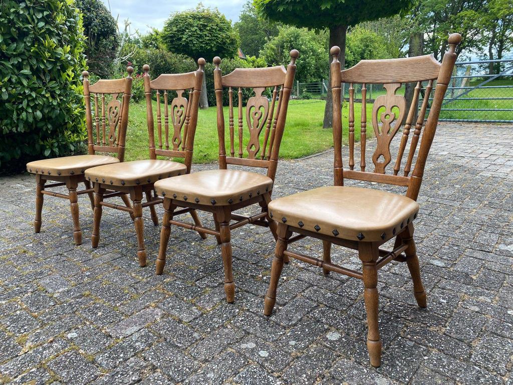 4 antieke houten eetstoelen / stoelen met leer, Huis en Inrichting, Gebruikt, Ophalen of Verzenden, 90 cm of meer, 4 krukken
