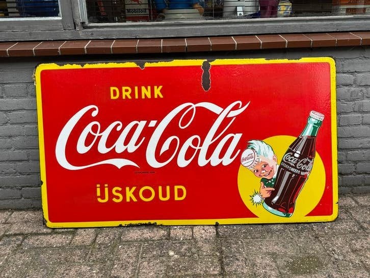 Vintage Coca-Cola Emaille Reclamebord - IJskoud, Antiek en Kunst, Antiek | Email
