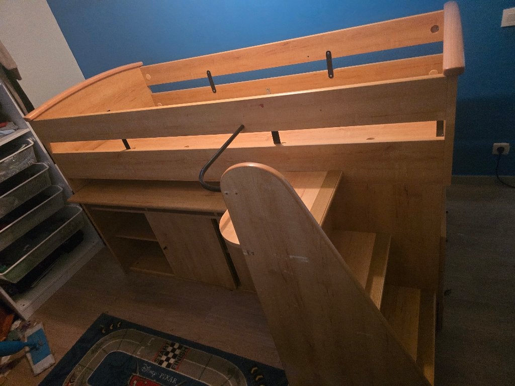 Houten hoogslaper met bureau, trap en opbergruimte, Huis en Inrichting, Slaapkamer | Bedden, Ophalen, Gebruikt, Eenpersoons, Bruin