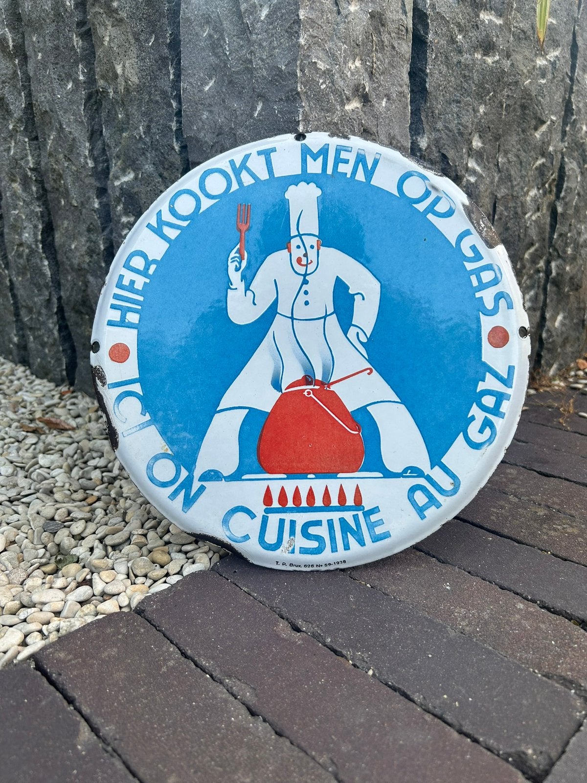 Ici, les gens cuisinent sur une plaque émaillée à gaz, Collections, Enlèvement ou Envoi, Utilisé, Panneau publicitaire