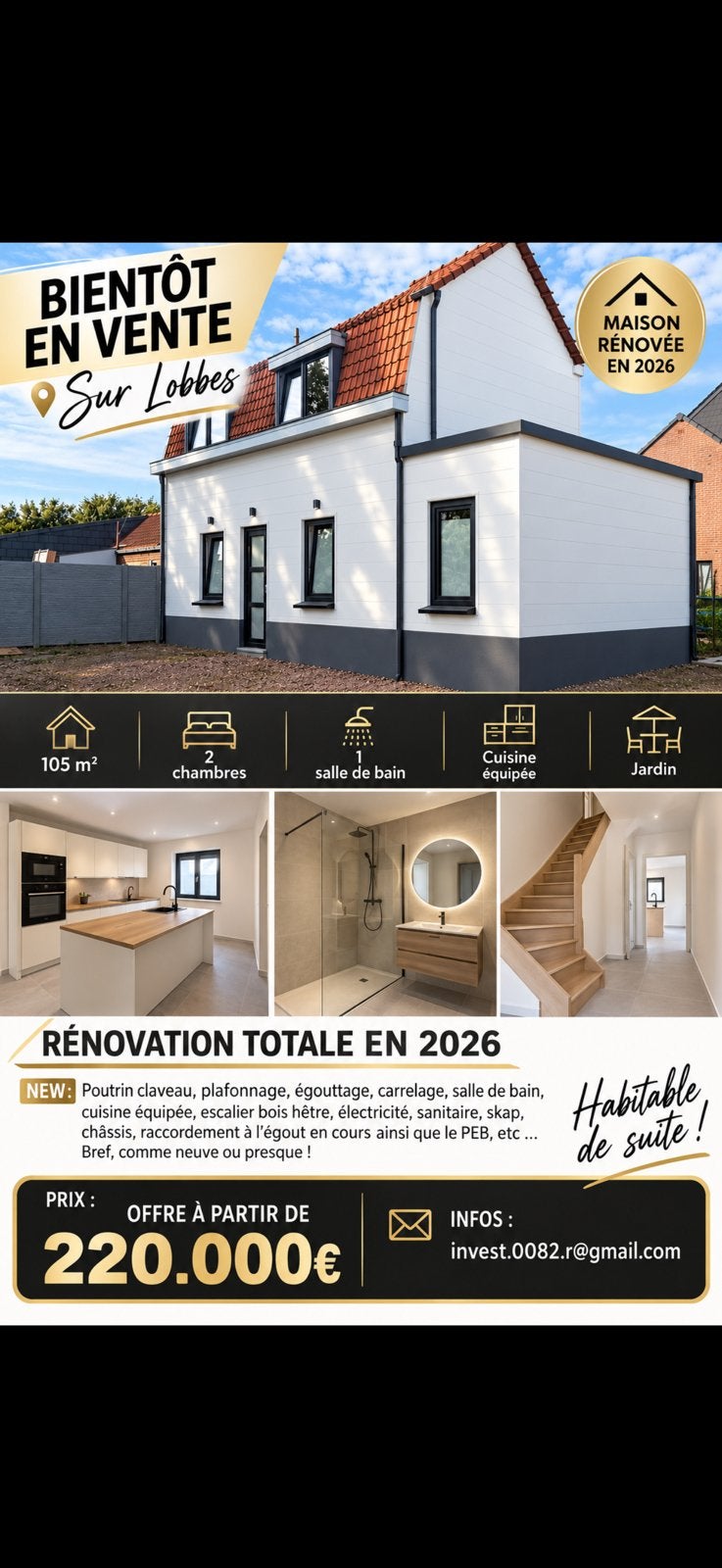 Maison 2 chambres rénovée entièrement offre a pd 220.000€, 10 m², 500 à 1000 m², Ventes sans courtier, 2 pièces
