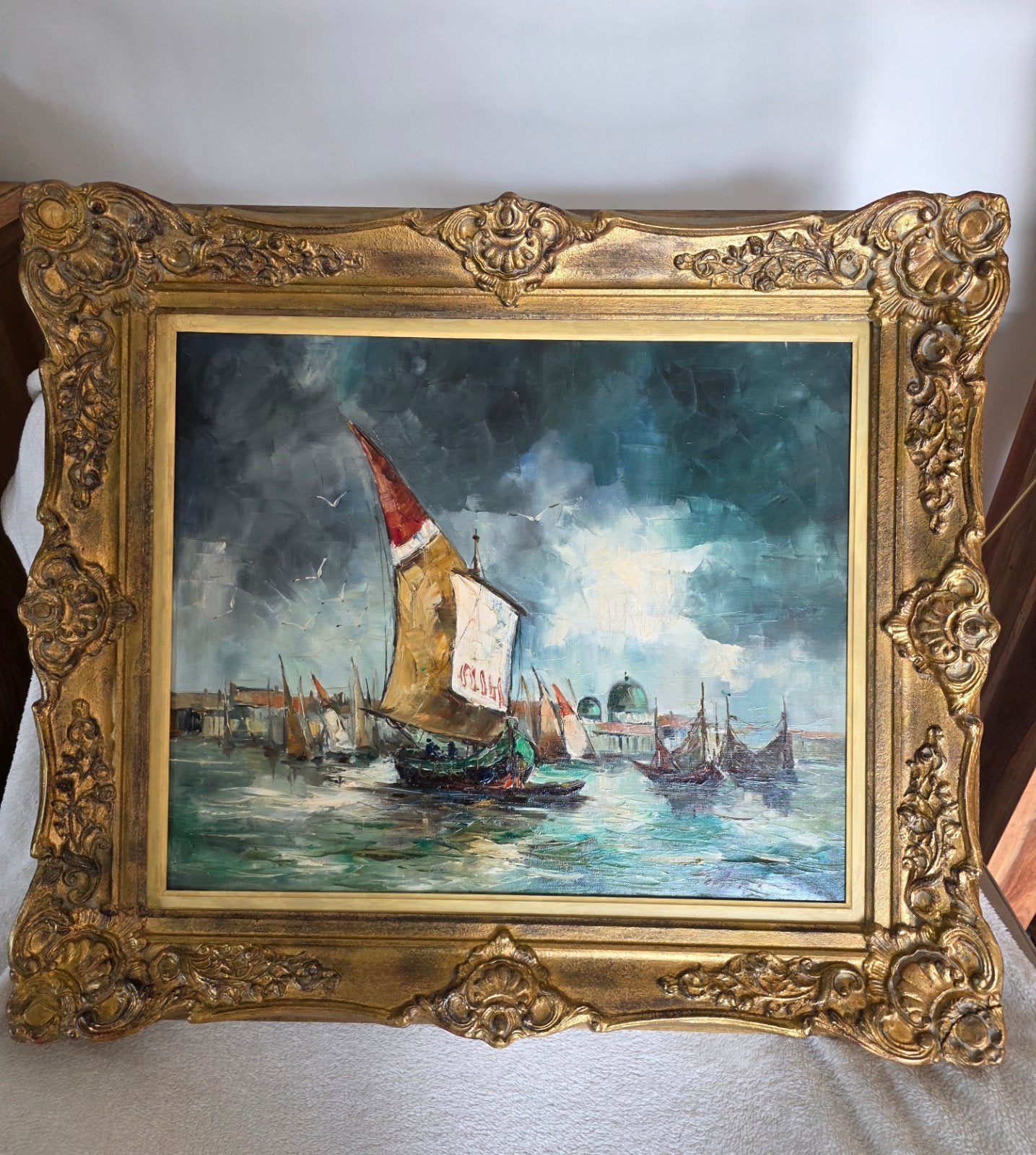 J J Foulon (1923–1980) – Grote marine /Venetiaans havenzicht, Antiek en Kunst, Ophalen, Maritiem / water, Doek, Gesigneerd