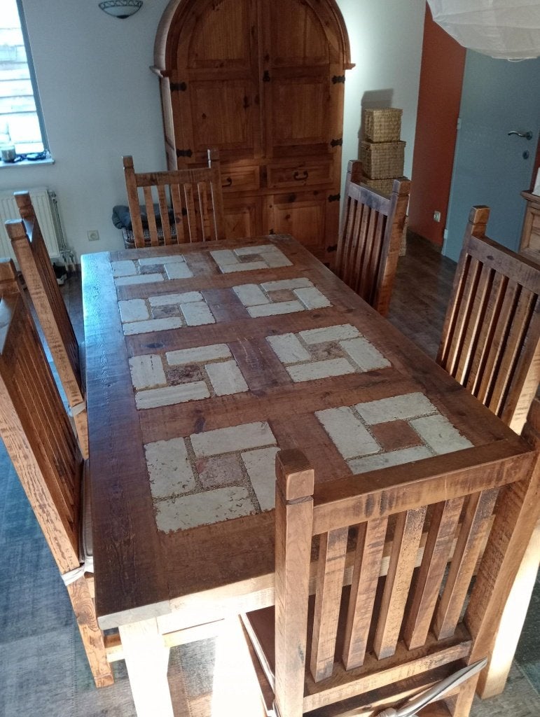 Mexicaans grenenhouten eettafel + 6 stoelen, Ophalen, Mexicaans, 50 tot 100 cm, Zo goed als nieuw
