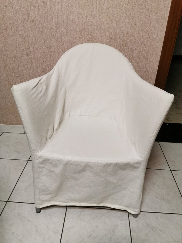 Norsta Lage Ikea stoel met armleuning witte stof goede staat, Huis en Inrichting, Ophalen, Wit, Zo goed als nieuw, Metaal