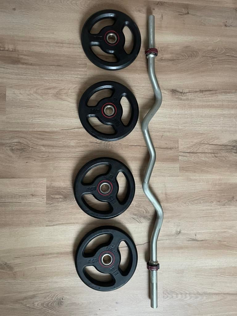 Barre curl Corength Décathlon + 4 disques 5 kg avec poignées, Sports & Fitness, Équipement de fitness, Neuf, Enlèvement