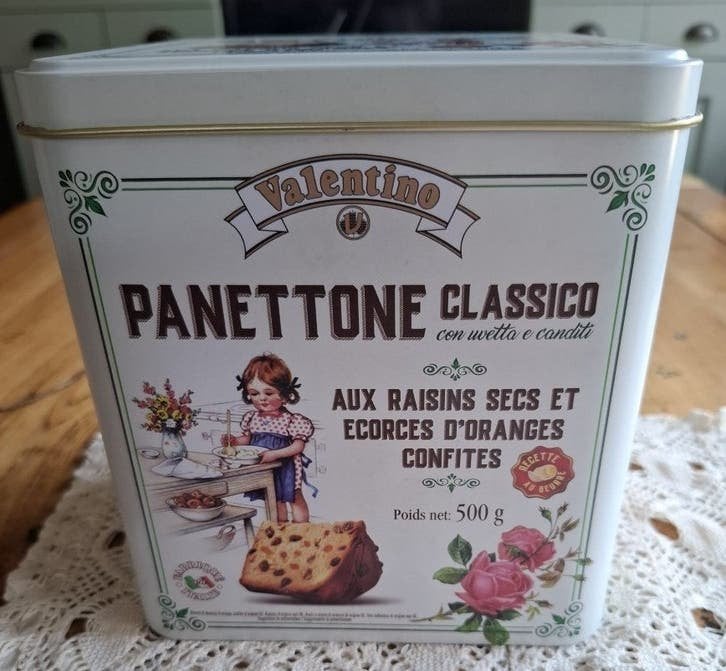 Italiaans Valentino Panettone blik met kind aan het bakken, Collections, Enlèvement ou Envoi, Utilisé, Autre, Autres marques