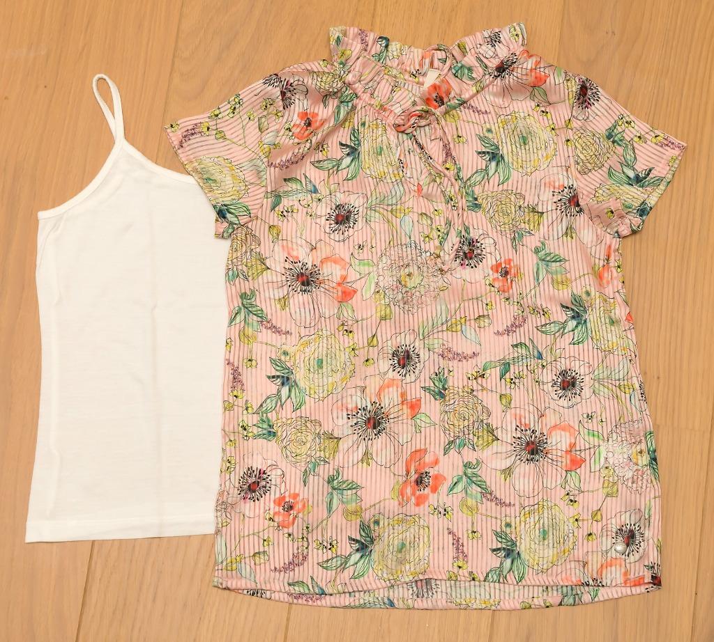 Zalmroze bloemen blousje + ecru topje CKS, maat 140 (2 st), Gebruikt, Meisje, Cks, Overhemd of Blouse