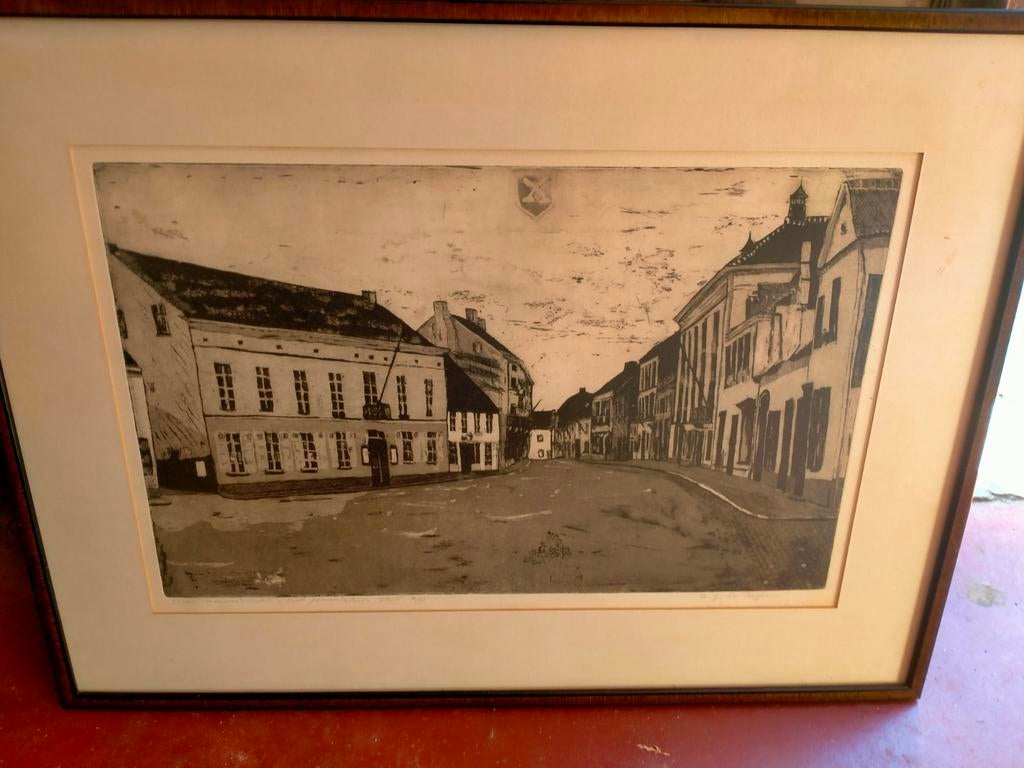Ets oud gemeentehuis Zele, Antiek en Kunst, Kunst | Etsen en Gravures, Ophalen