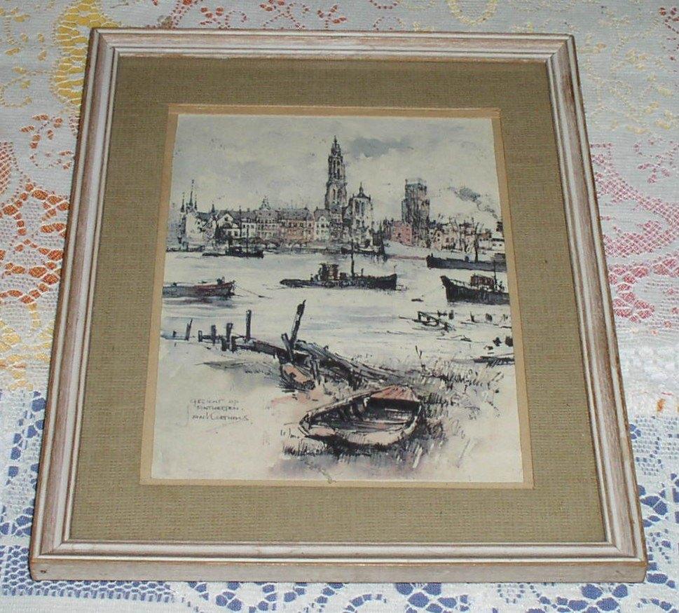 Litho "Gezicht op Antwerpen' Jan Korthals, Antiek en Kunst, Ophalen of Verzenden