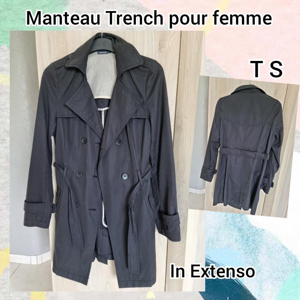 Manteau Trench pour femme-noir-In Extenso-T.S, Kleding | Dames, Zwart, Ophalen of Verzenden, Maat 36 (S), Gedragen