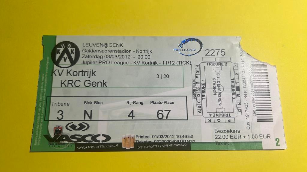 Ticket KV Kortrijk RC Genk 2012 jupiler pro league, Verzamelen, Verzenden