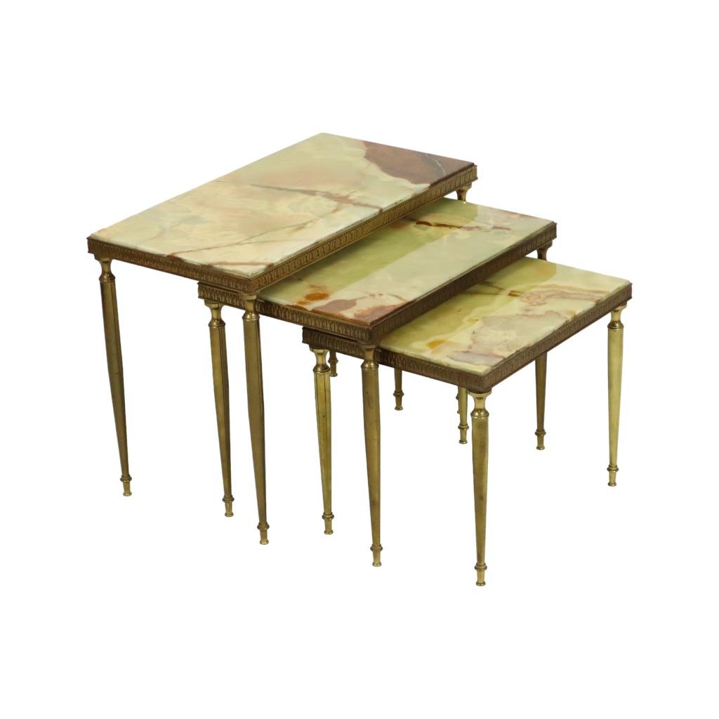 Set van 3 Nesttafels Onyx Marmer Koperen Frame Frankrijk, Enlèvement