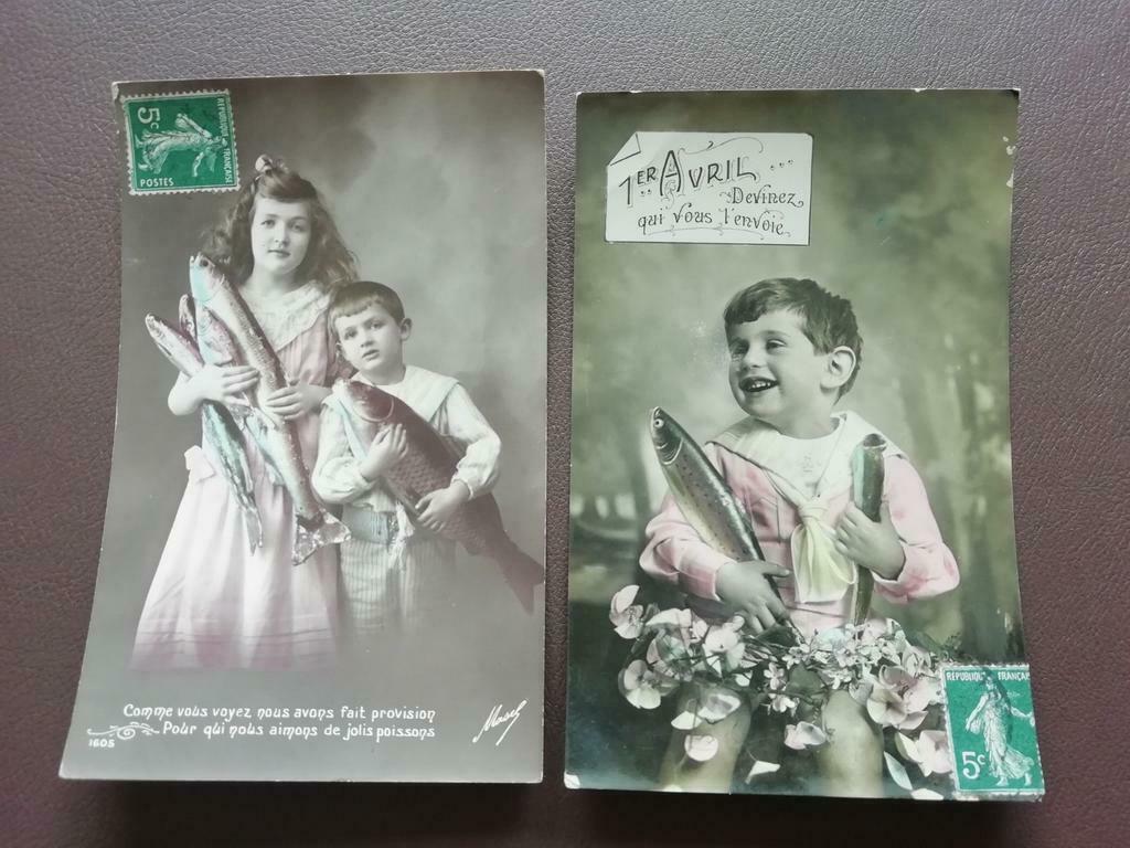 4 Oude postkaarten. Fantasiekaarten. Thema 1 april, Verzamelen, Ophalen of Verzenden