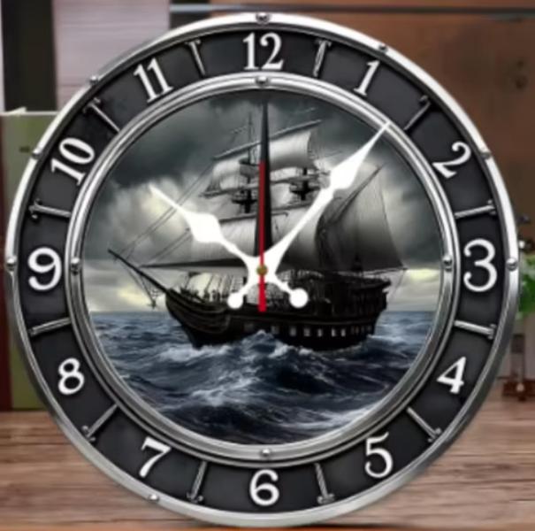 Ronde wandklok van hout Vintage houten schip (25cm), Ophalen of Verzenden, Nieuw, Wandklok