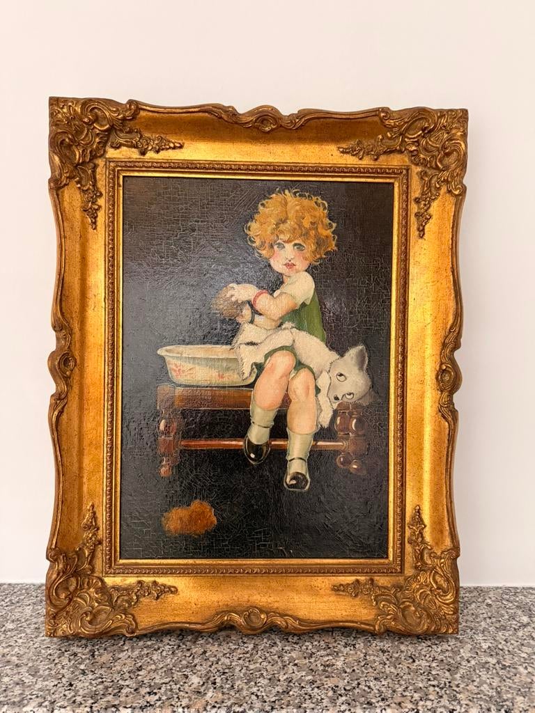 Vintage schilderij meisje – groot barok goud kader, Ophalen