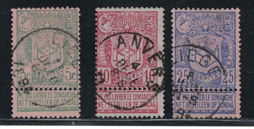 OBP 68-70 gestempeld wereldtentoonstelling 1894 Antwerpen, Met stempel, Verzenden, Frankeerzegel, Gestempeld
