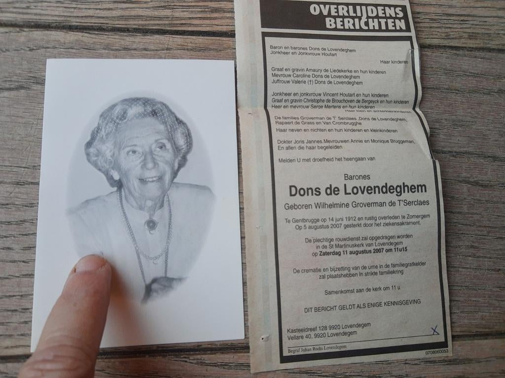 Bp baronne 'Dons de Lovendeghem' 1912-2007, bilingue, Enlèvement ou Envoi