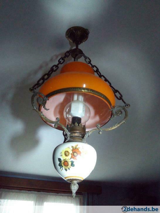 Luster met oranje glazen kap, Ophalen of Verzenden, Zo goed als nieuw, Glas, Retro