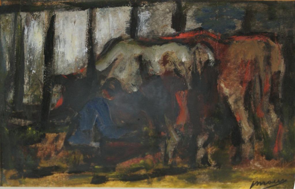 Jozef Mous (1896-1968): Melken van de koeien (42 x 35 cm), Antiek en Kunst, Ophalen of Verzenden