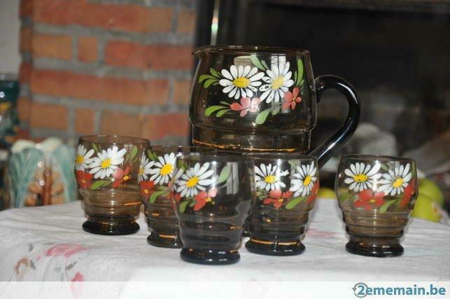 cruche et 5 verres brun art deco peint main, Antiquités & Art, Enlèvement ou Envoi