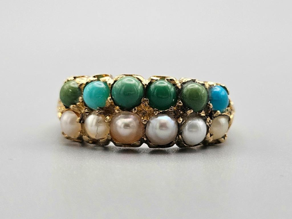 Gouden ring met edelsteen turkooise en parel. 2024/126, Handtassen en Accessoires, Ringen, 18 tot 19, Overige kleuren, Ophalen of Verzenden