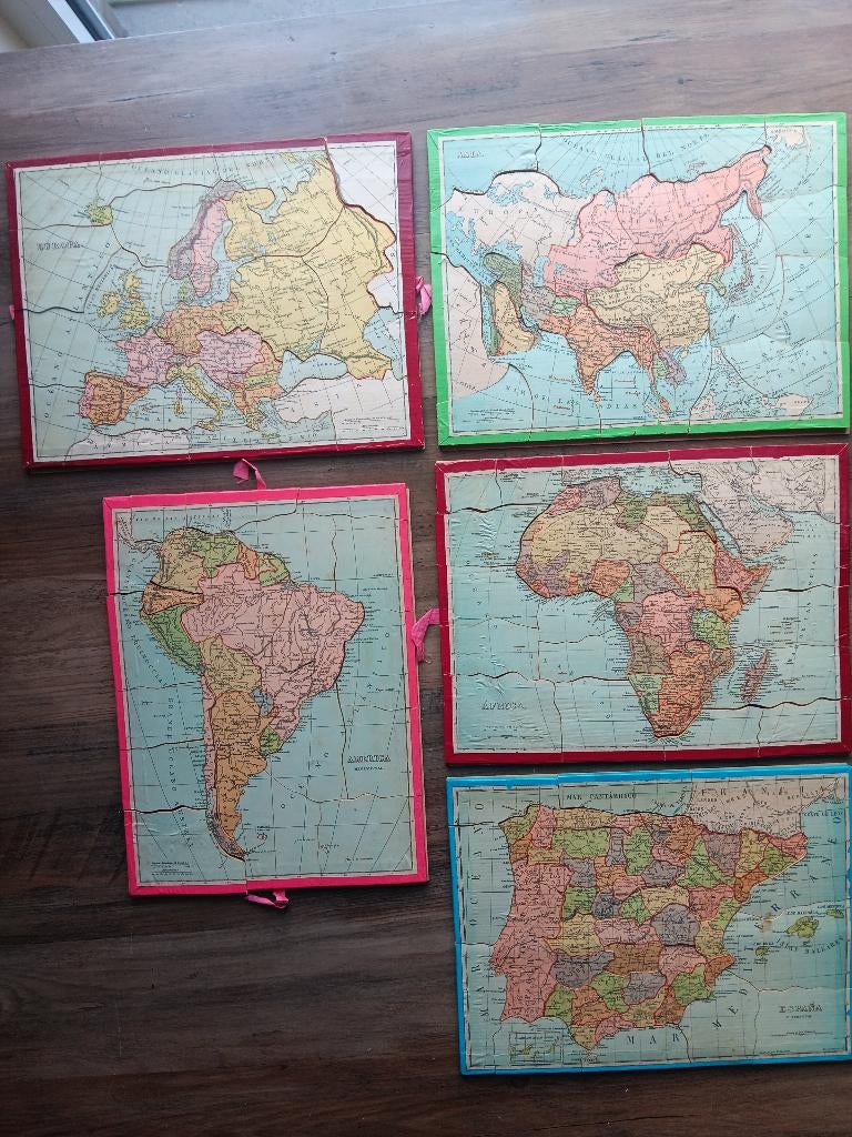 5 Antique map puzzles, 1900: Africa, South America, Asia,..., Ophalen of Verzenden