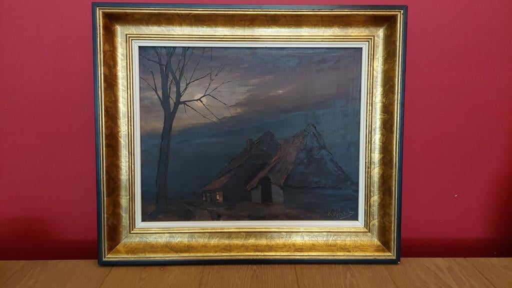 Schilderij olieverf op doek - boerderij - Karel Van Herck, Ophalen of Verzenden