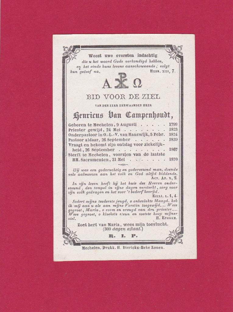 DP Priester Henricus Van Campenhout, Verzenden, Bidprentje