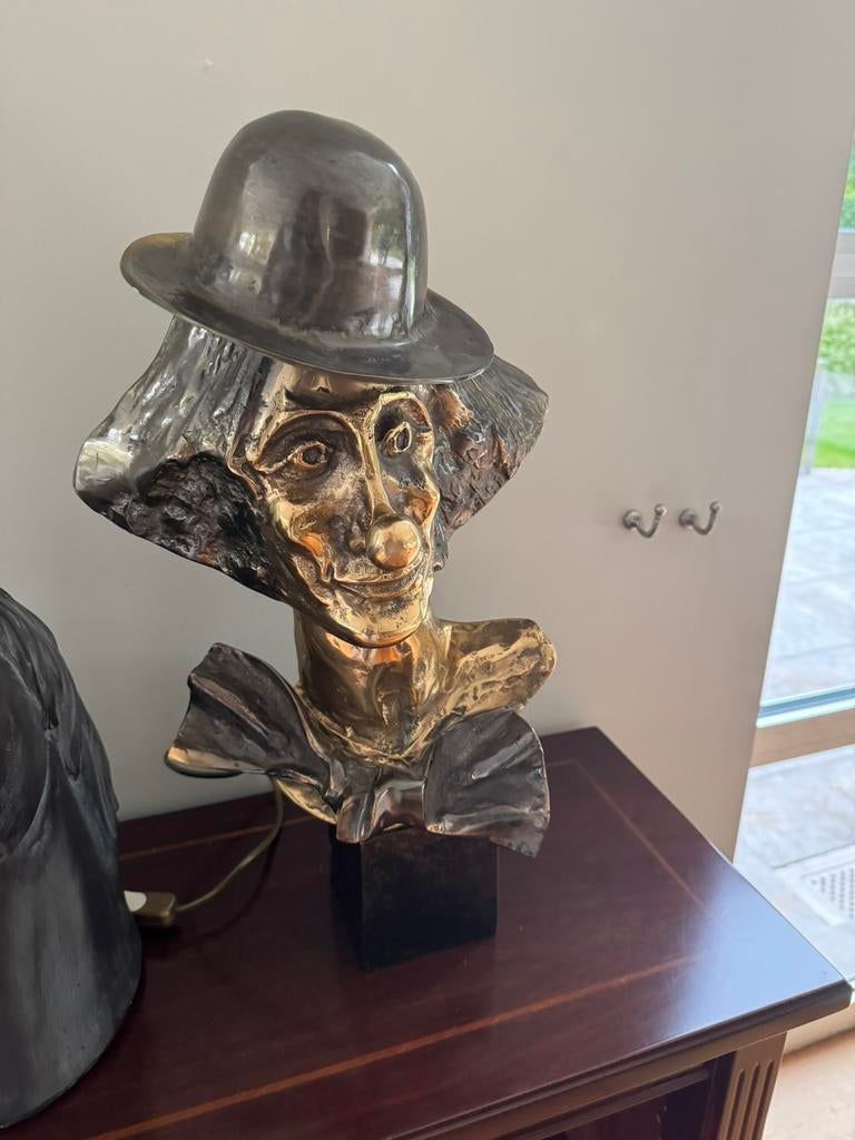 Bronze sculptuur met lamp – Yves Löhé – “Clown met bolhoed”, Verzamelen, Beelden en Beeldjes, Zo goed als nieuw, Ophalen