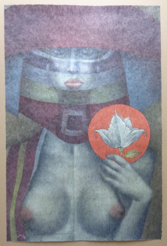 JEF VAN TUERENHOUT / KONINGIN MET BLOEM / ZEEFDRUK / 76x50cm, Enlèvement ou Envoi